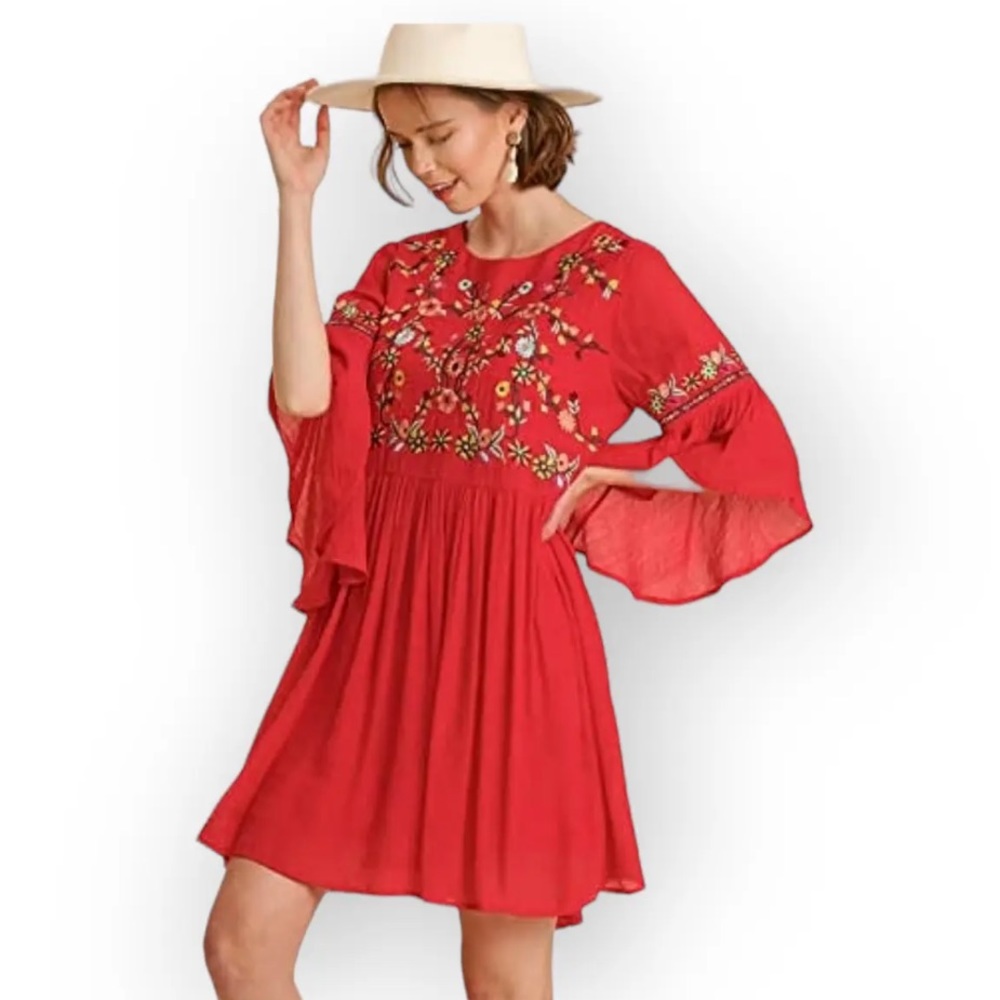 Umgee Red Adrienne Bell Sleeve Ruffle Dress S Babydoll Embroidered Boho